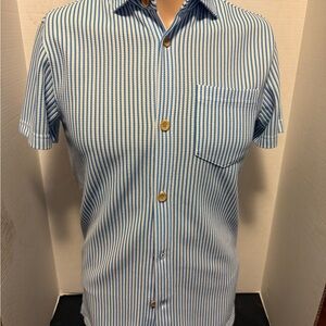 Ted Baker Light Blue and White Striped Short-Sleeve Button-Down Shirt